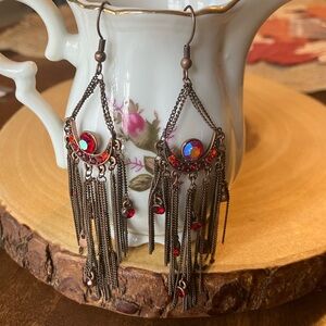 Vintage Red and Bronze Chain Dangle Earrings